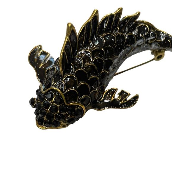 BLACK AND GOLD ACCENT FISH BROOCH - Picture 2 of 2